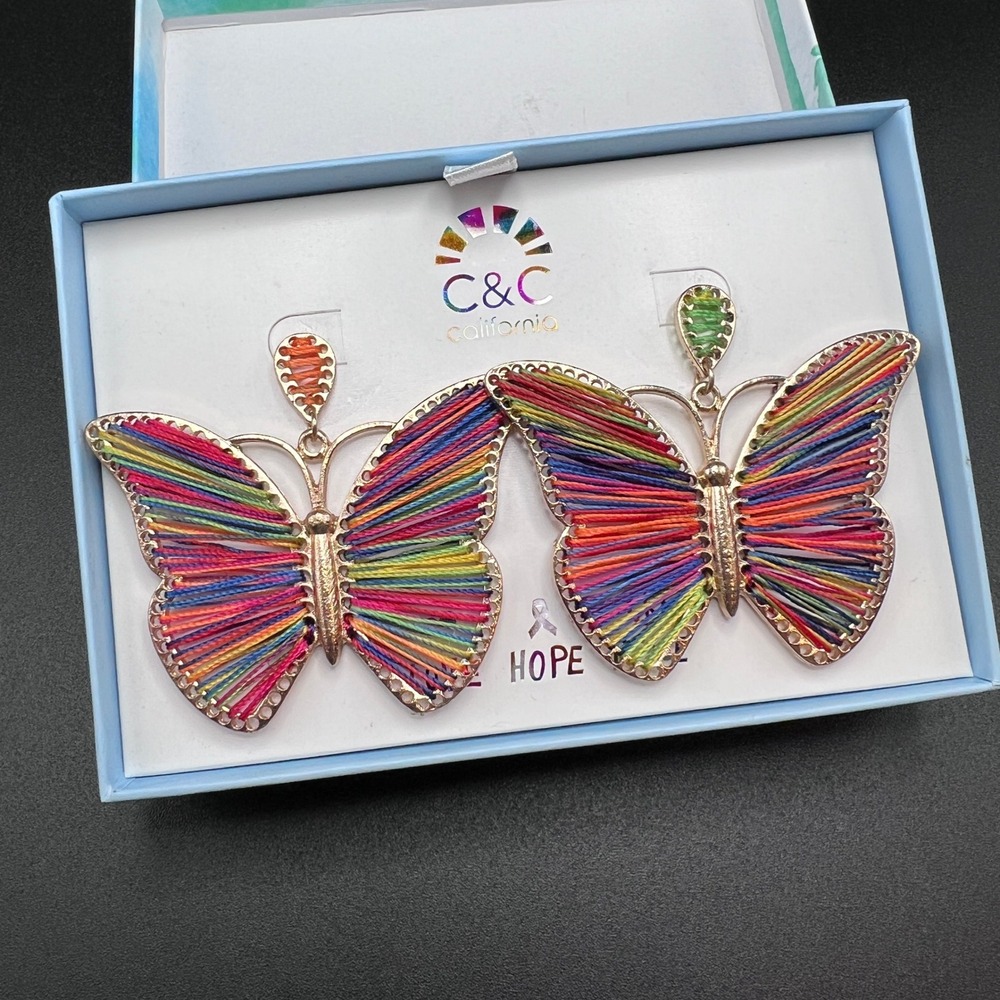 C&C California Butterfly Earrings Multicolor Thread Wrapped Gold Drop NWT